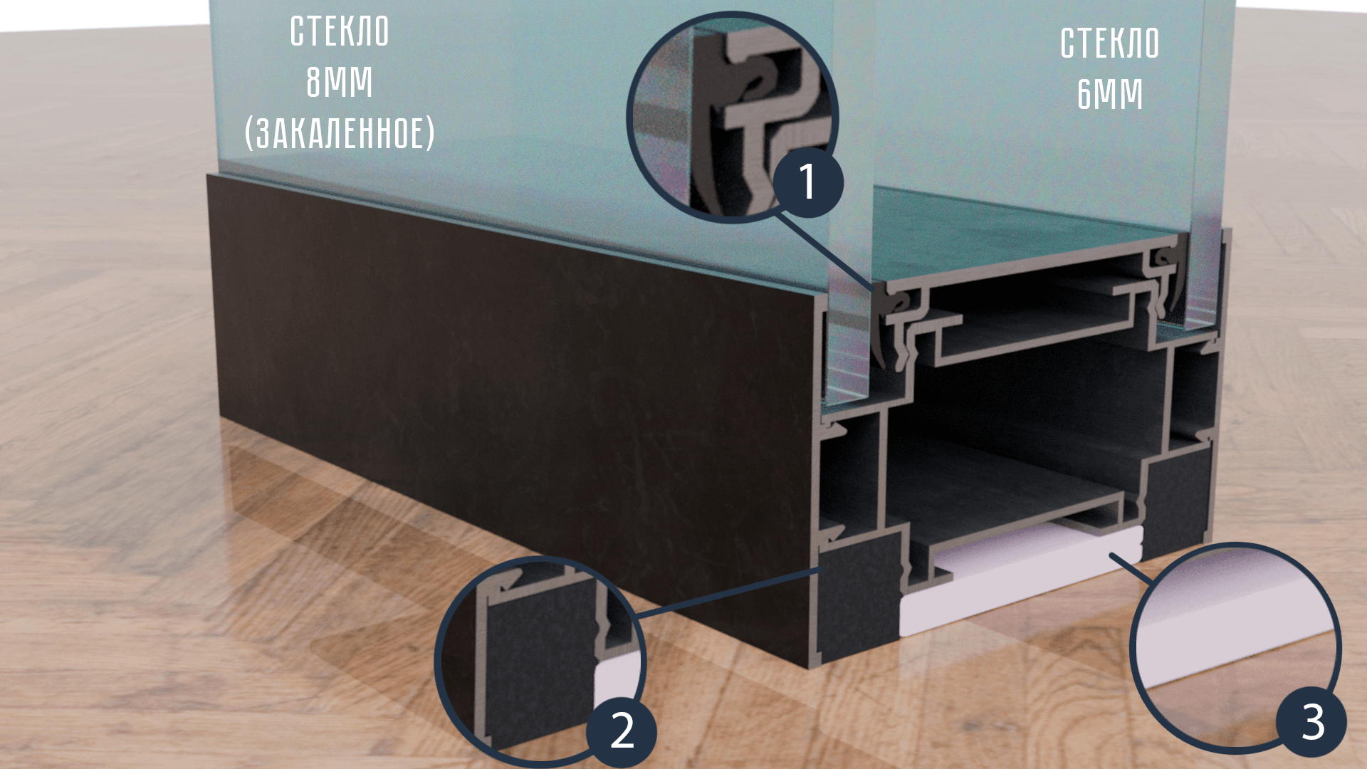 Сечение перегородки «Спокойный офис» — двойное остекление 8 мм закалённое + 6 мм