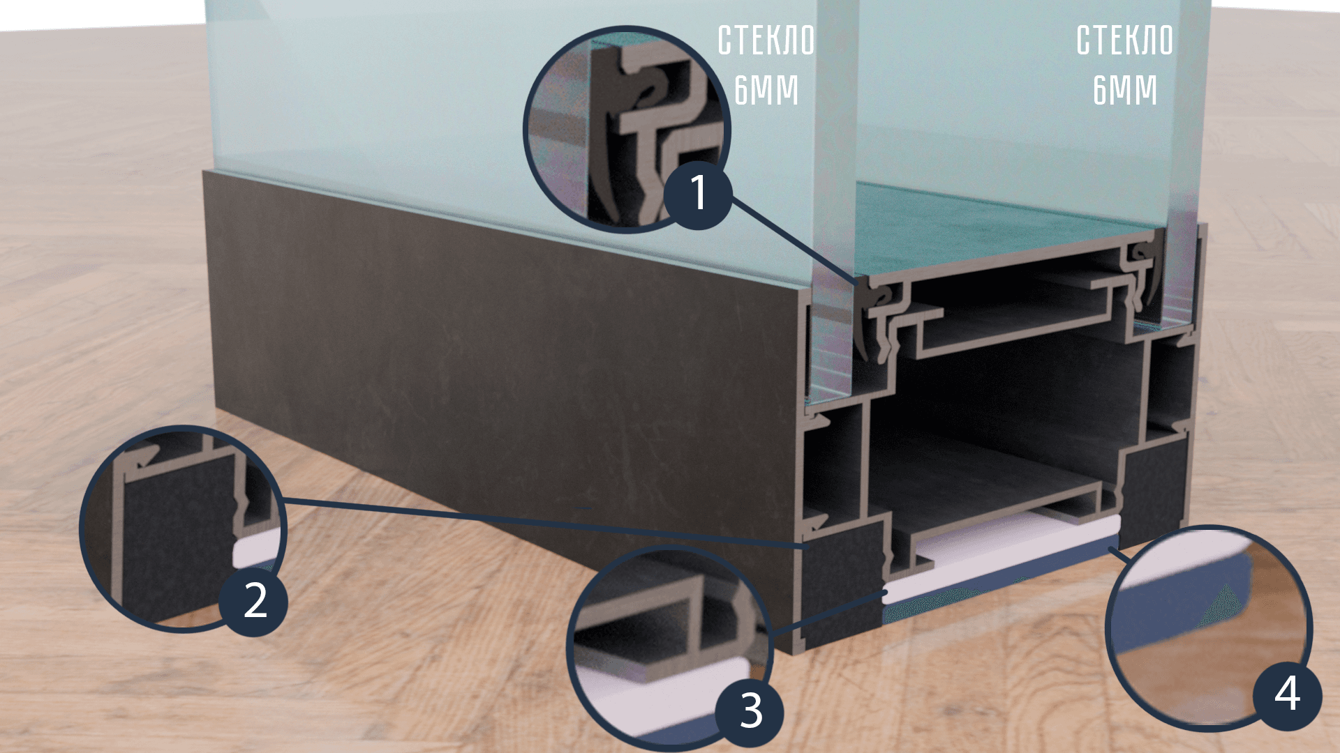 Сечение перегородки «Страж тишины» — двойное остекление 6+6 мм с 4-контурным уплотнением