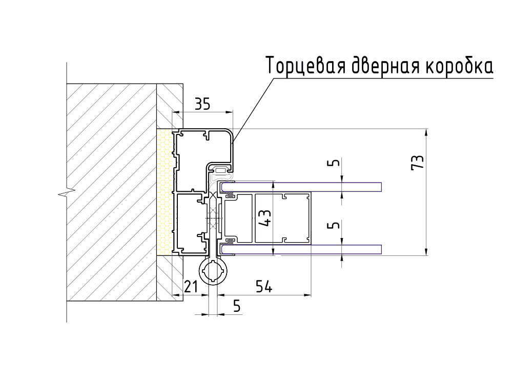 Торцевая дверная коробка: чертёж узла с размерами