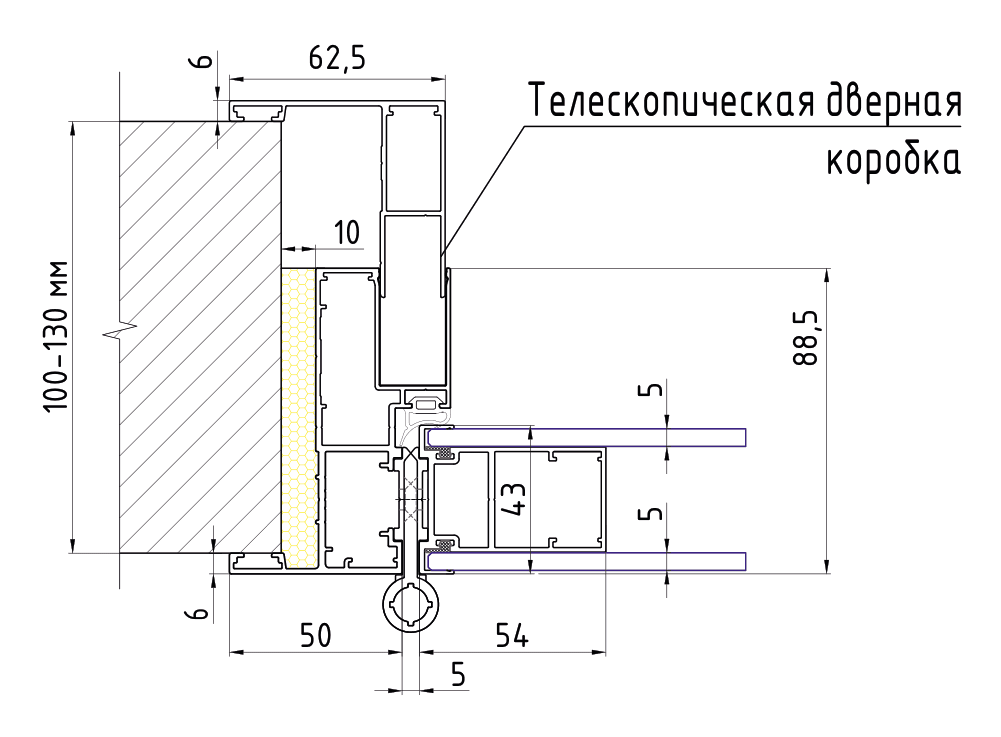 Телескопическая дверная коробка: чертёж узла, стена 100–130 мм