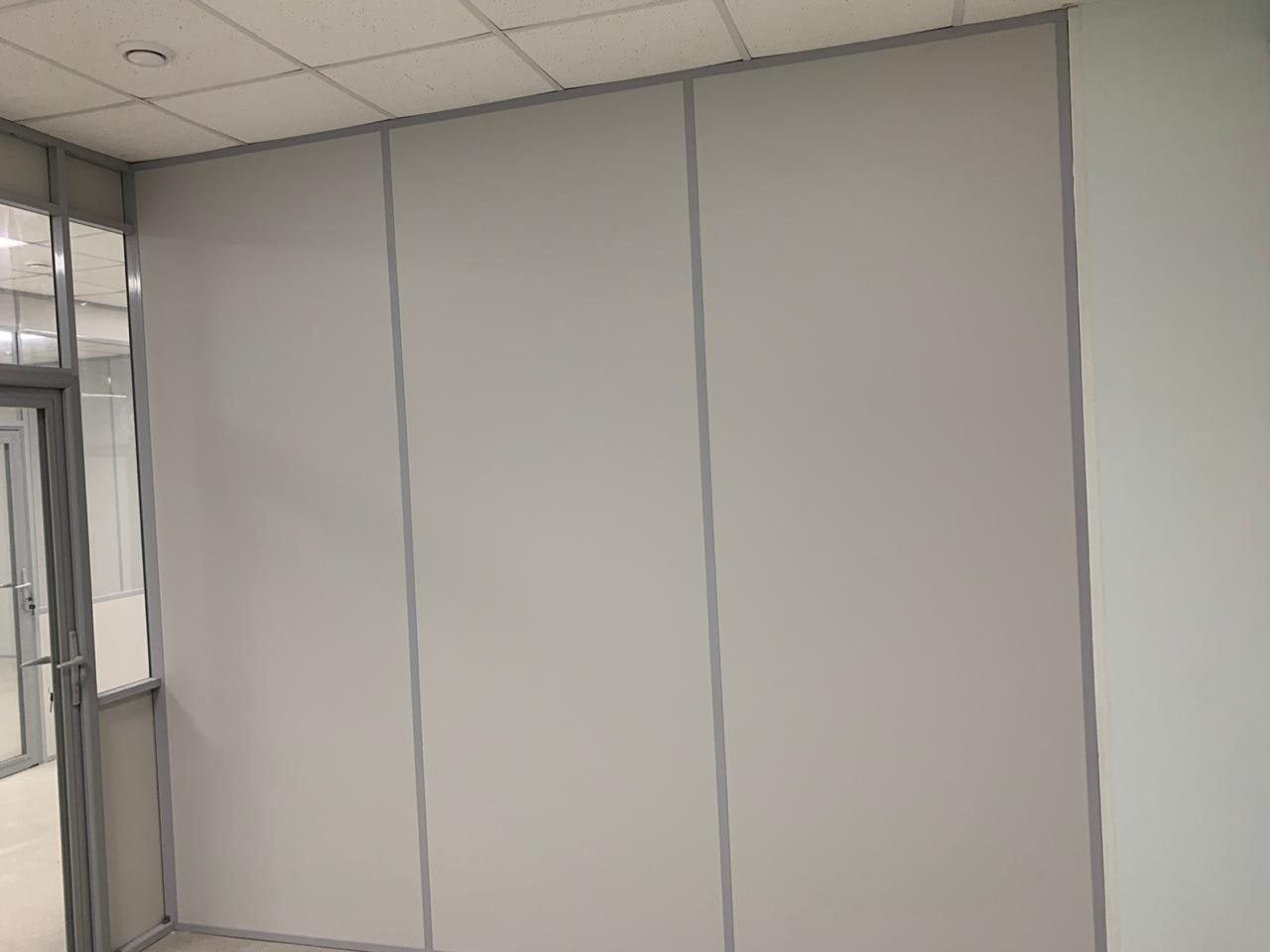 Экономическая выгода комбинированного подхода: стена из светлых глухих панелей в сером профиле, слева дверь со стеклом