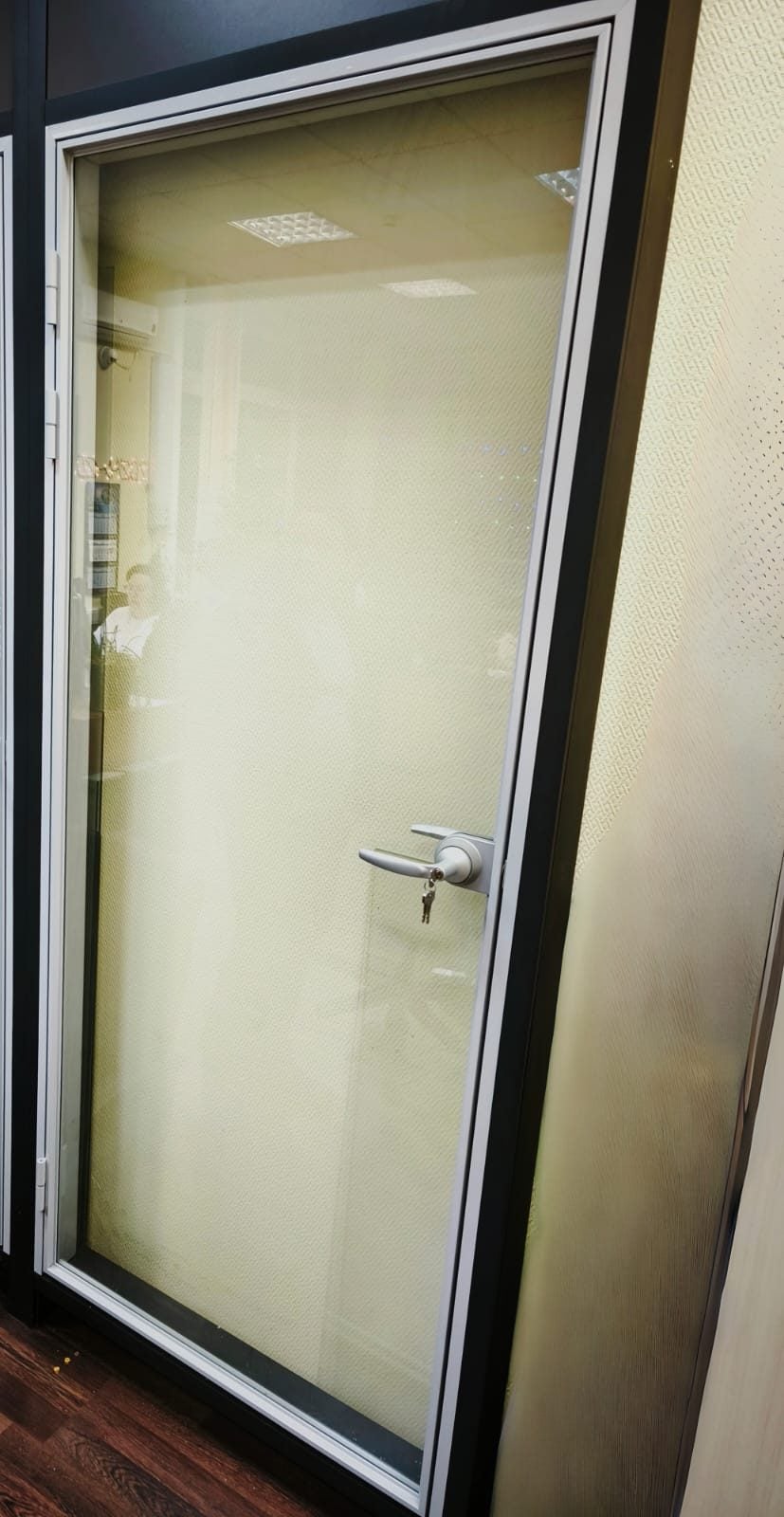 Створка в коробке: стекло от пола до верха полотна Распашная створка в светлой коробке, вид под углом: стекло на всю высоту полотна, нажимная ручка
