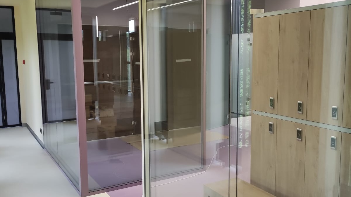 Каркасная стеклянная перегородка с дверью в офисном пространстве