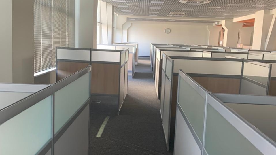 Ряды комбинированных перегородок в большом офисе — зонирование рабочего пространства