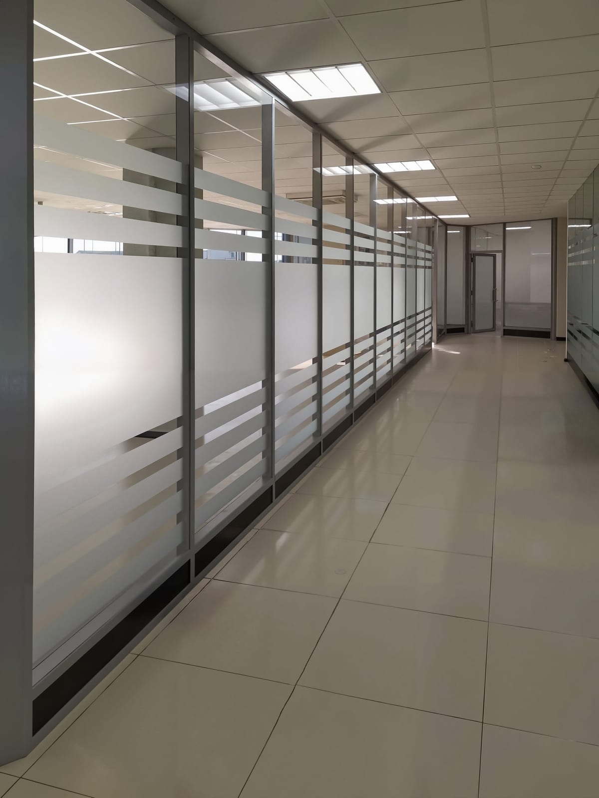 Алюминиевые перегородки в офисном коридоре — матовые полосы на стекле, серебристый профиль от пола до потолка