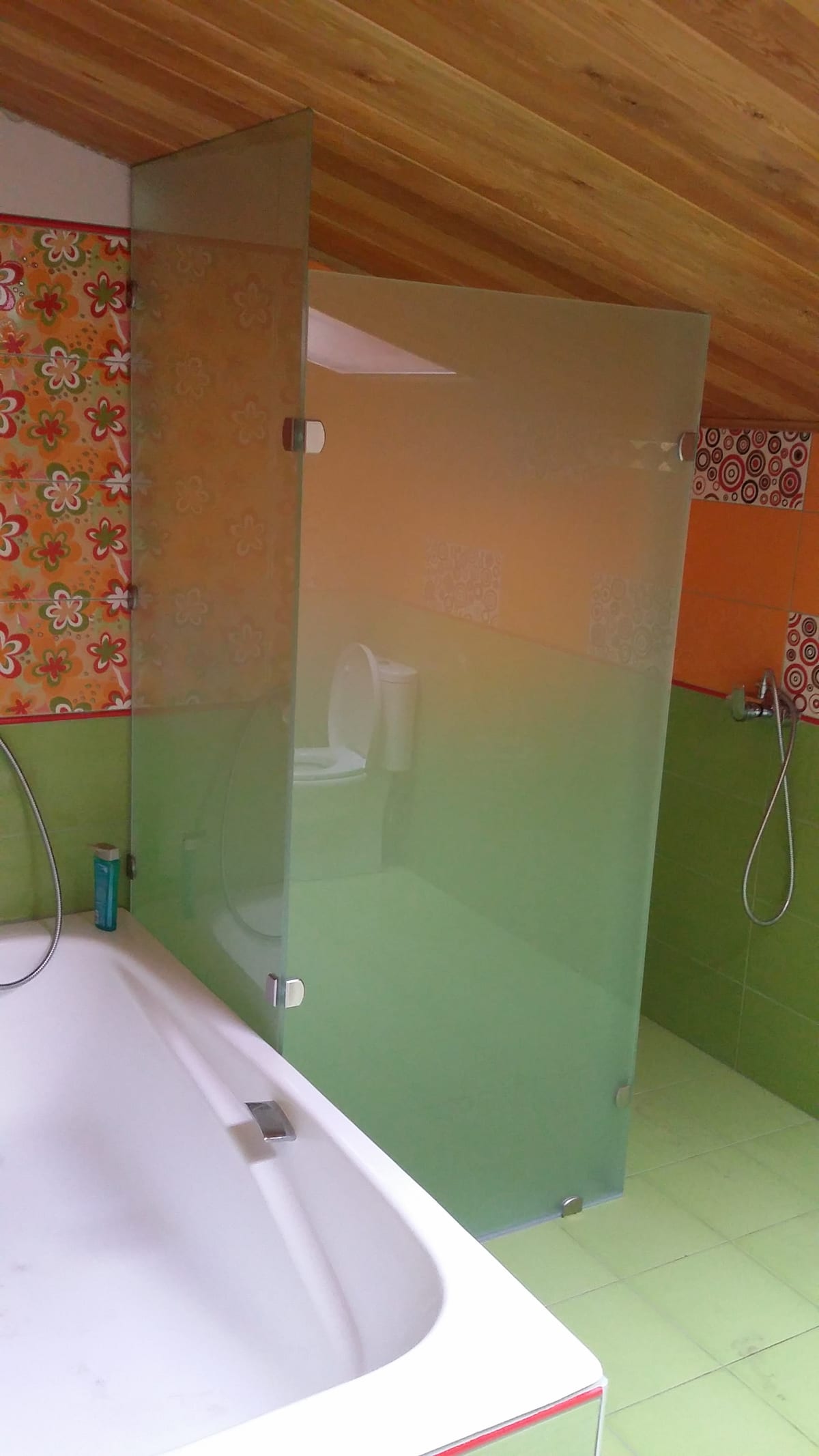 Цельностеклянная душевая перегородка из мателюкса с точечным креплением